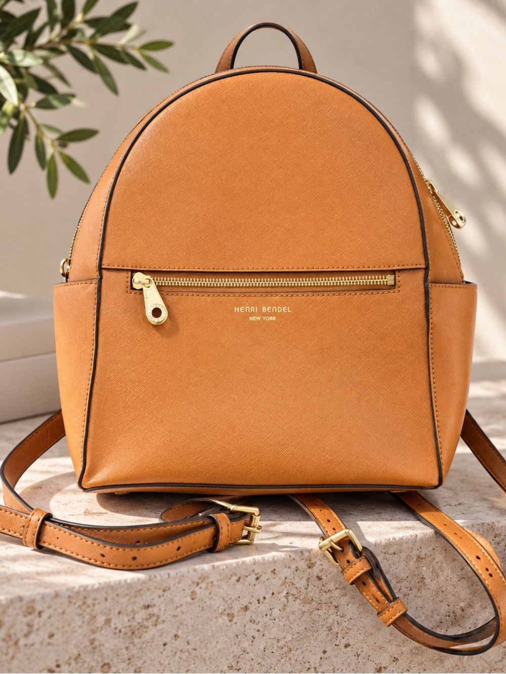 henri bendel Cognac Saffiano Leather Mini Backpack with Gold Hardware